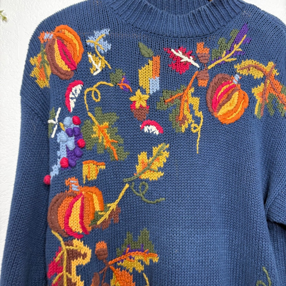 Vintage DBL Navy Blue Embroidered Pumpkin Fall Harvest Sweater Womens Large 1997 - Picture 2 of 7